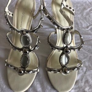 White jeweled BCBG heeled sandals